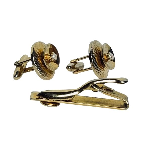 Vintage Gold Tone And Faux Pearl Tie Bar And Cufflinks Set (6056) - Picture 2 of 3